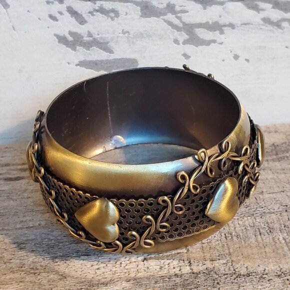 Vintage Y2K 90s Victorian Grunge Steampunk Bronze Hearts Metal Bangle Bracelet - Picture 2 of 12